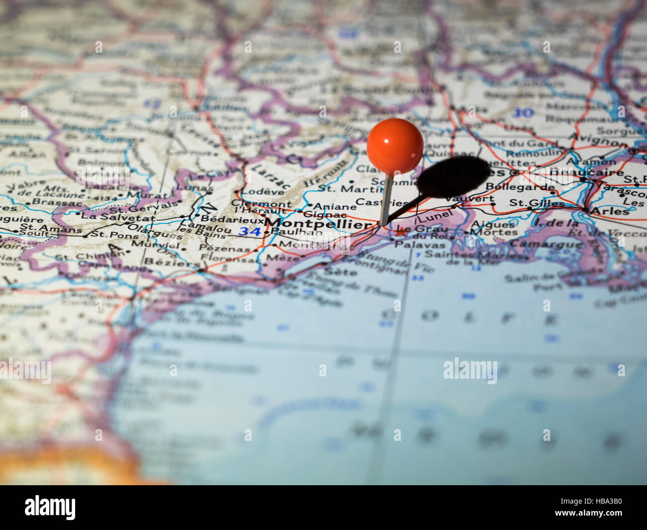 Montpellier Francia segnato sulla mappa del percorso Foto stock - Alamy