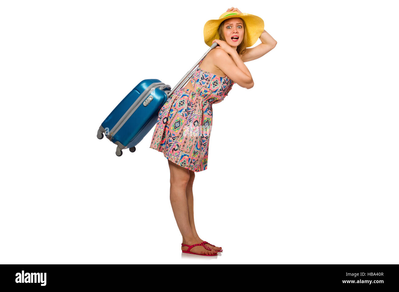 La donna con la valigia isolato su bianco Foto Stock