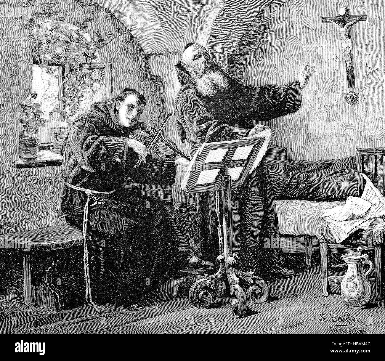 I monaci di rendere la musica in una cella di monastero in monastero, hictorical illustrazione dal 1880 Foto Stock