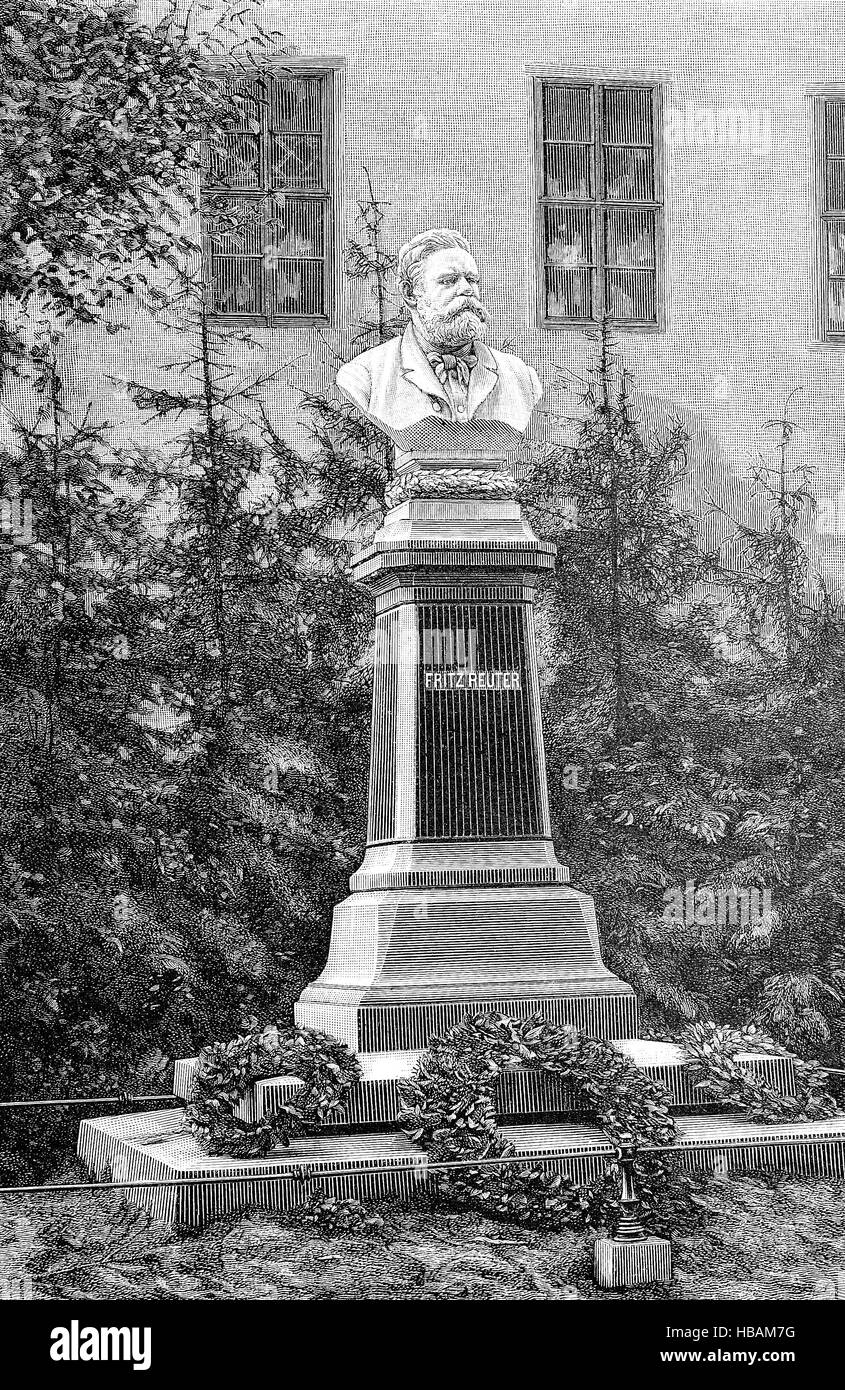 Memoriale di Fritz Reuter, 7. Novembre 1810 - 12. Juli 1874, poeta tedesco, hictorical illustrazione dal 1880 Foto Stock