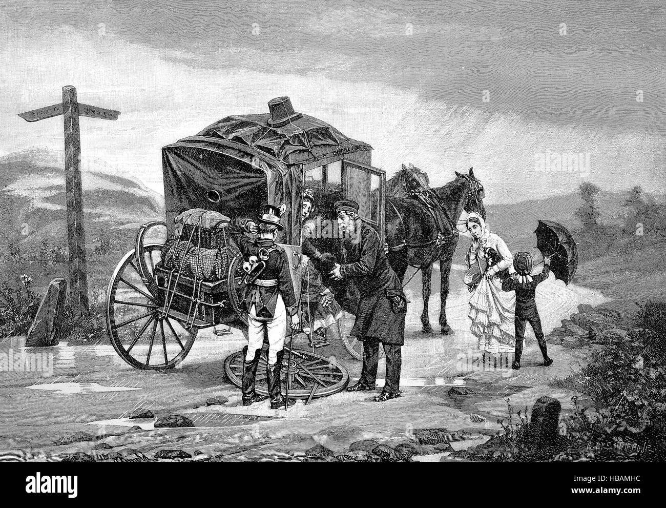 Un carrello con un wheelbreak, hictorical illustrazione dal 1880 Foto Stock