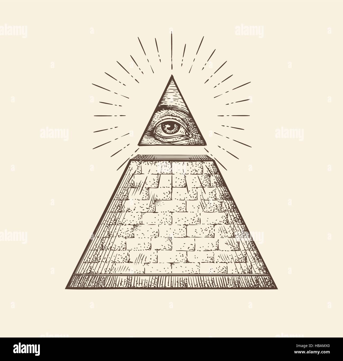 All Seeing Eye piramide simbolo. Nuovo Ordine Mondiale. Disegnato a mano vettore di disegno Illustrazione Vettoriale