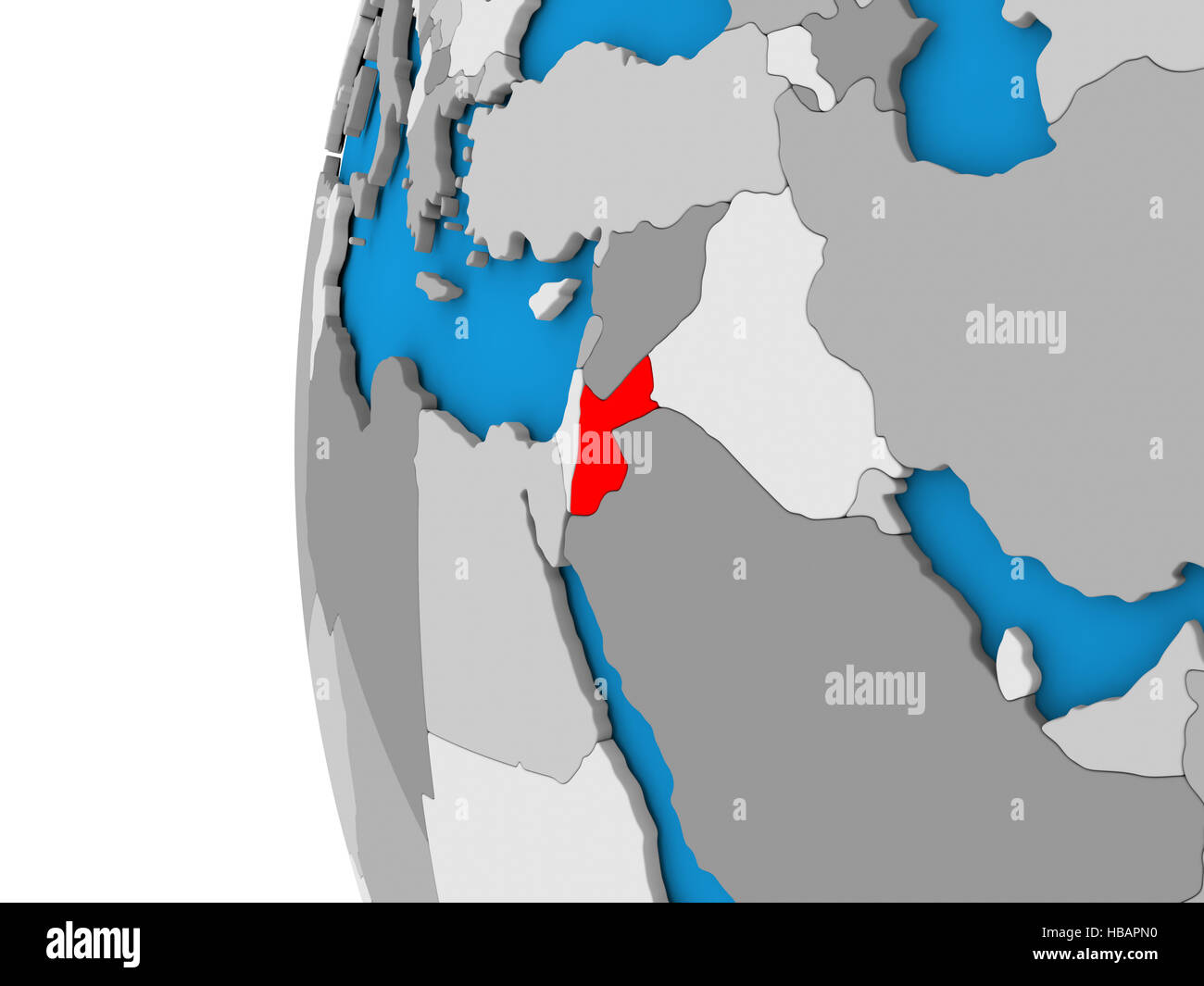 Mappa 3D della Giordania focalizzato in rosso sul globo semplice. 3D illustrazione Foto Stock