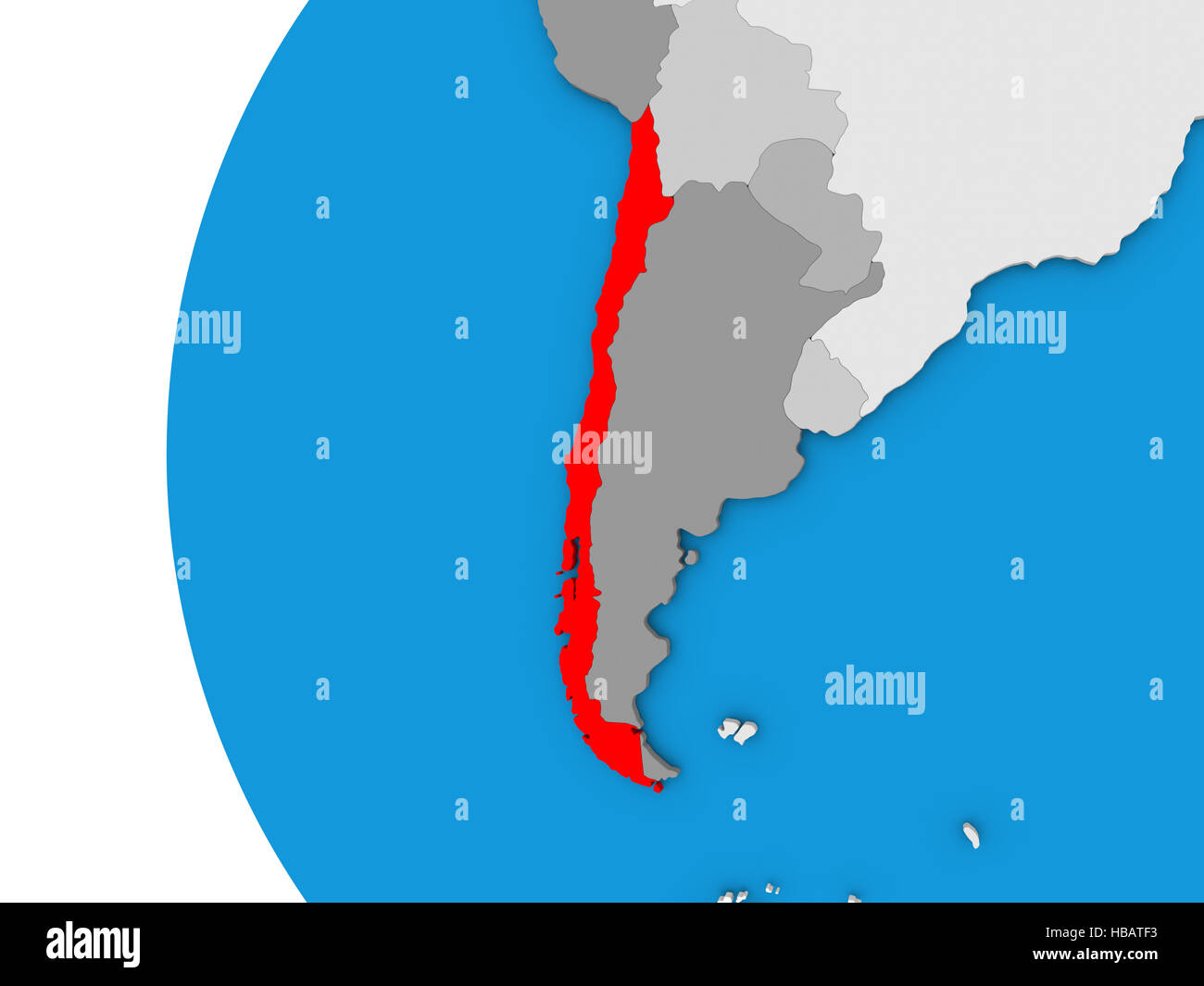 Mappa 3D di Cile focalizzata in rosso sul globo semplice. 3D illustrazione Foto Stock