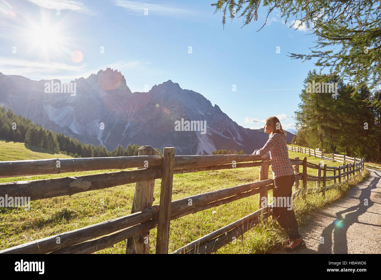 Donna matura appoggiata contro la recinzione a guardare, Dolomiti di Sesto, Alto Adige, Italia Foto Stock
