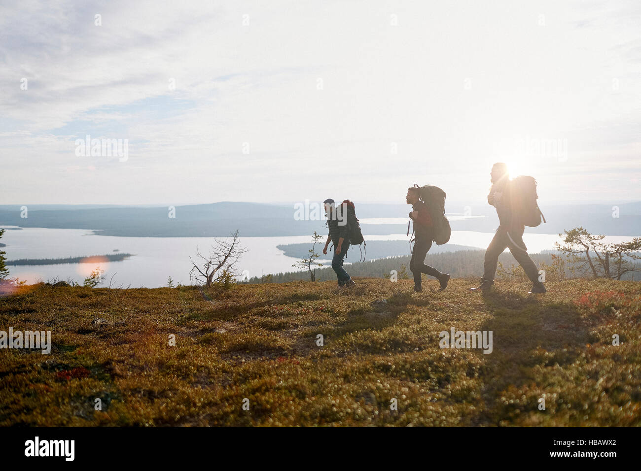 Gli escursionisti attraversa campo dal lago, Keimiotunturi, Lapponia, Finlandia Foto Stock