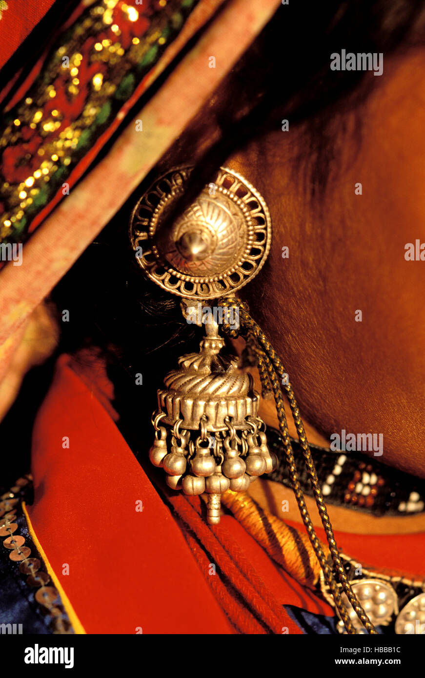 Inde - Rajasthan - Regione de Ghanerao - Boucle d'oreille - Bijoux // India. Il Rajasthan. Area Ghanerao. Orecchini. Foto Stock