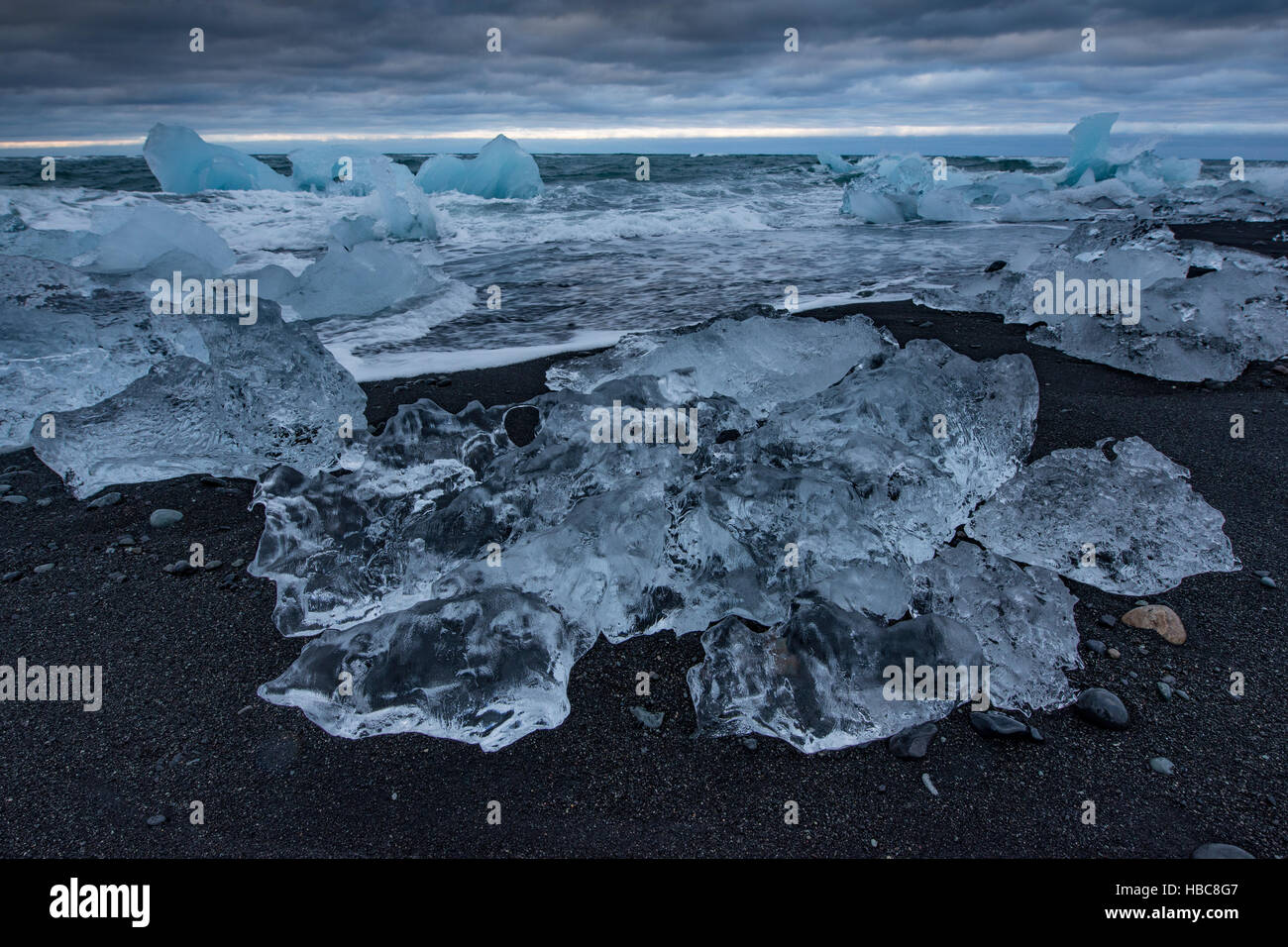 Pezzi di iceberg si è incagliata sulla spiaggia di sabbia nera in Islanda Foto Stock