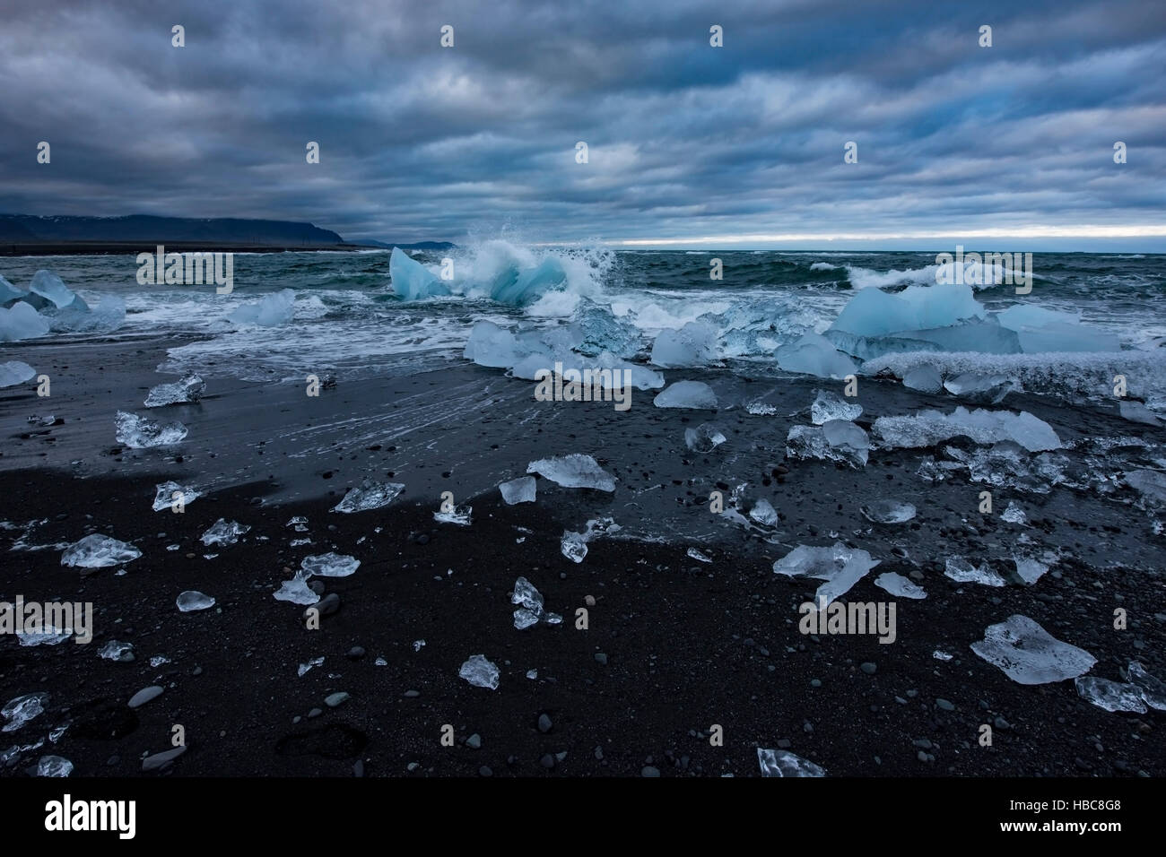 Pezzi di iceberg si è incagliata sulla spiaggia di sabbia nera in Islanda Foto Stock