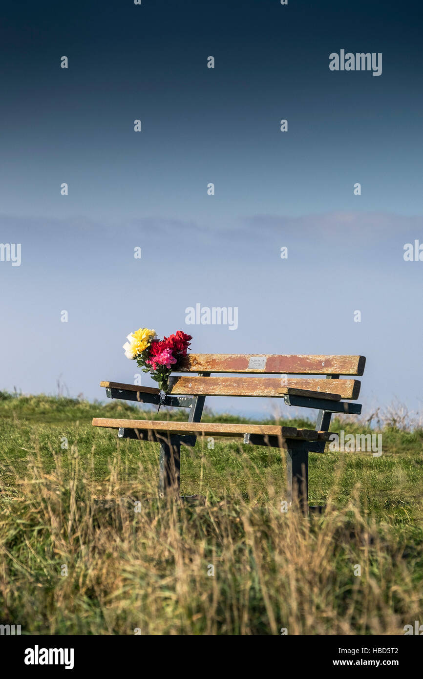 Un mazzo di fiori a sinistra su un banco di memorial a Newquay, Cornwall, Inghilterra, Regno Unito. Foto Stock