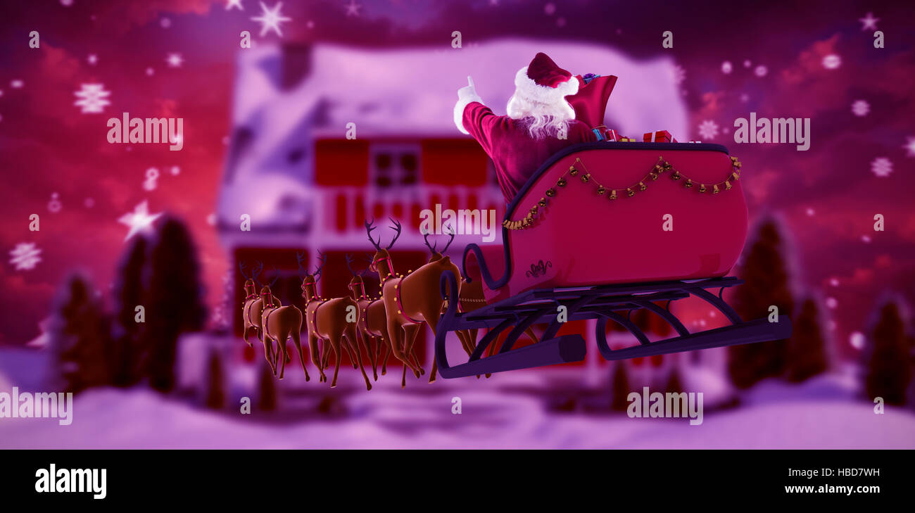 Immagine composita di santa claus equitazione sulla slitta durante il periodo di Natale Foto Stock