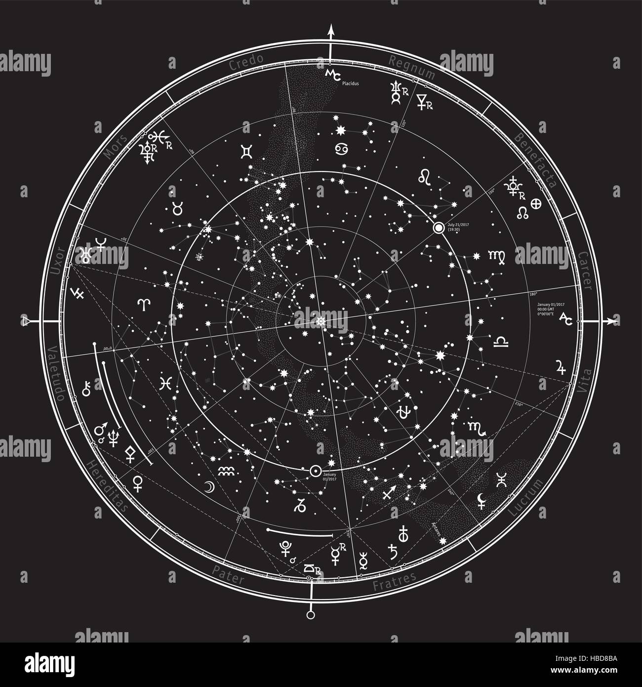 Astrologica mappa celeste di emisfero nord. Oroscopo su Gennaio 1, 2017 (00:00 GMT). Illustrazione Vettoriale