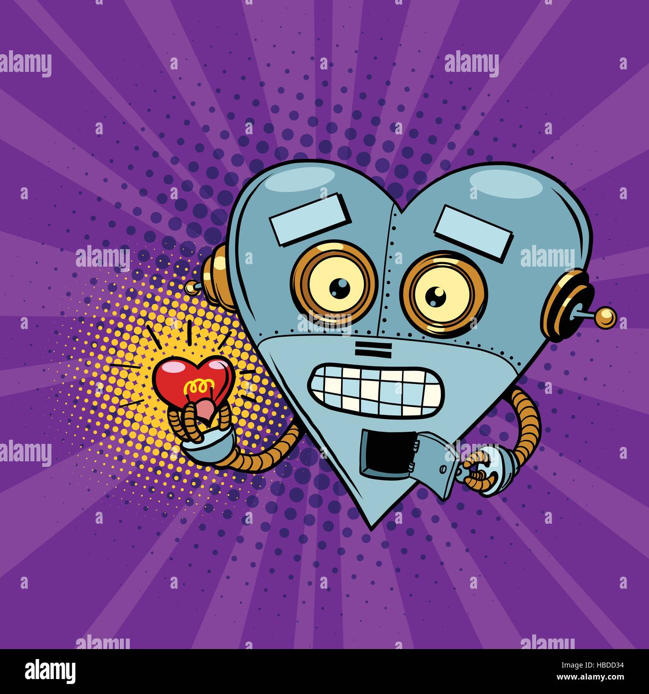 Robot retrò e la lampadina della luce di cuore per San Valentino Illustrazione Vettoriale