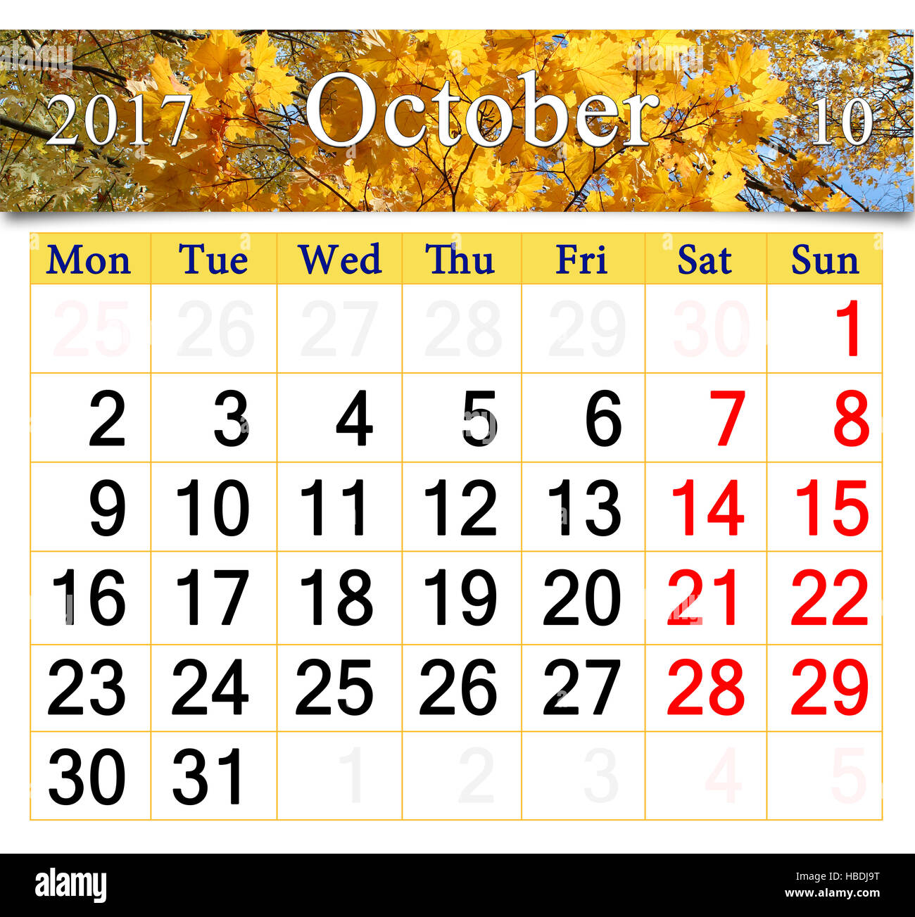 Calendario per il mese di ottobre 2017 con il nastro di foglie di giallo Foto Stock