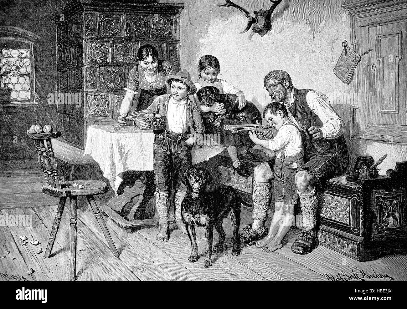 Famiglia idyl domenica pomeriggio nel salotto di un imprenditore bavarese, bambino praticare con un piccolo crossbow, Germania, illustrazione, xilografia dal 1880 Foto Stock