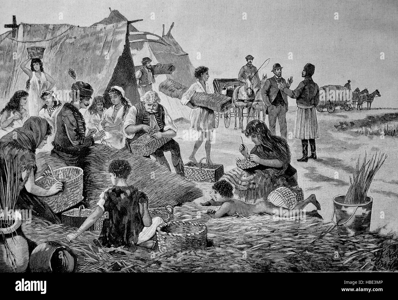 Cestello tessitori, Basketry, ungherese zingari intreccio cesti, illustrazione, xilografia dal 1880 Foto Stock