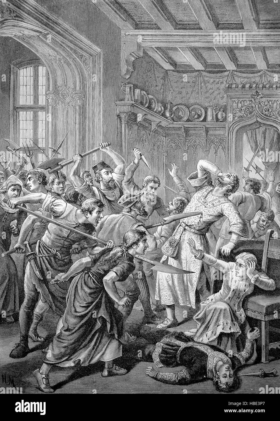 Jacob van Artevelde, 1290 - 1345, anche l'uomo saggio e il birraio di Gand, era una Fiamminga statista e leader politico, qui è stato ucciso da una folla arrabbiata, illustrazione, xilografia dal 1880 Foto Stock