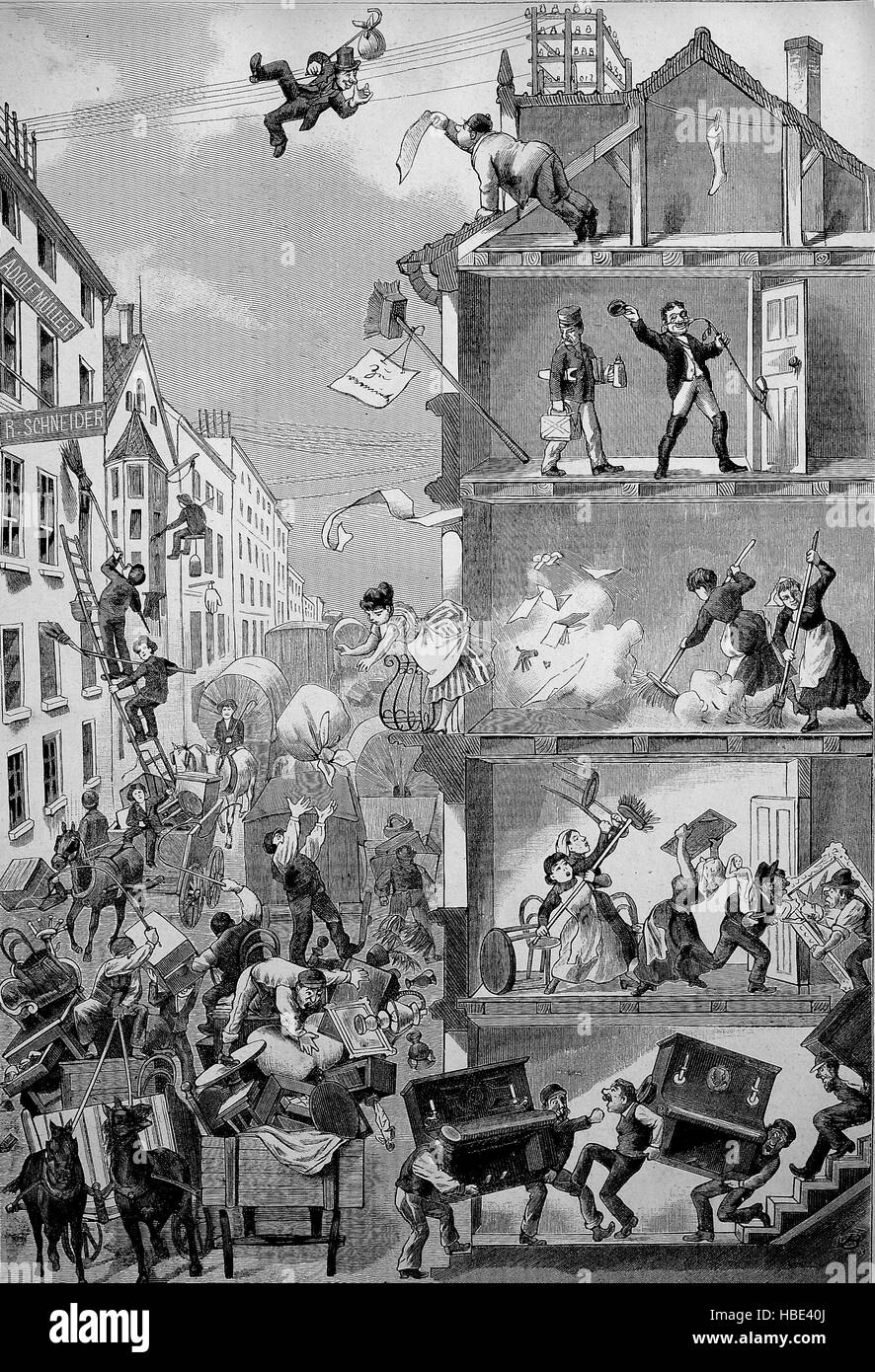 Immagine simbolo per traslocare in una nuova casa, secolo XIX, illustrazione, xilografia dal 1880 Foto Stock