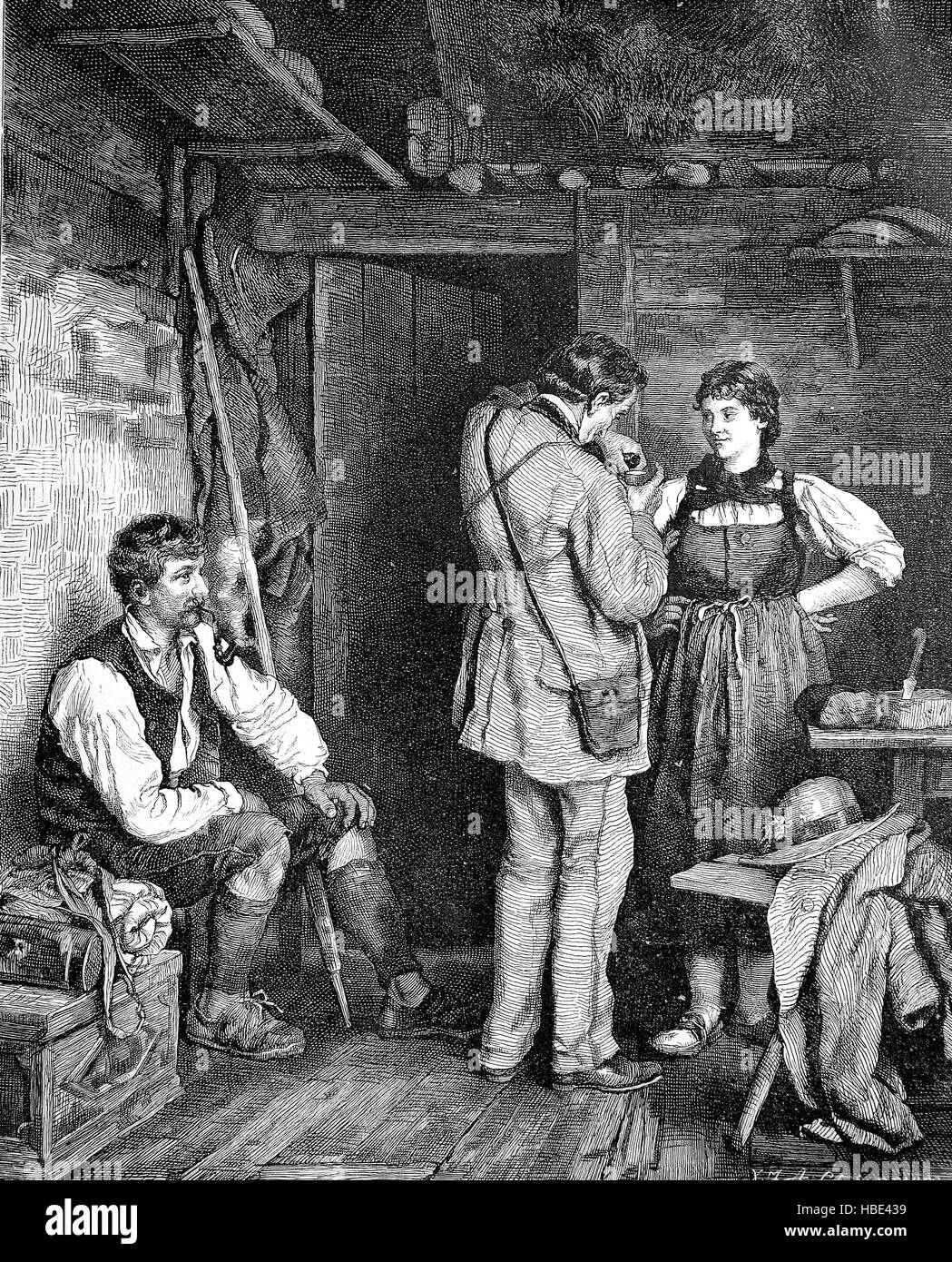 Ricercatore botanico in una baita di montagna in Austria, illustrazione, xilografia dal 1880 Foto Stock