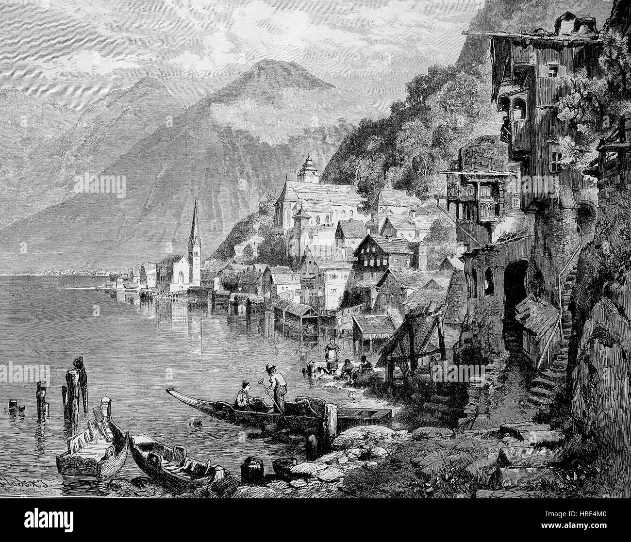 Vista di Hallstatt, Austria superiore, un villaggio nella regione del Salzkammergut, una regione in Austria, illustrazione, xilografia dal 1880 Foto Stock
