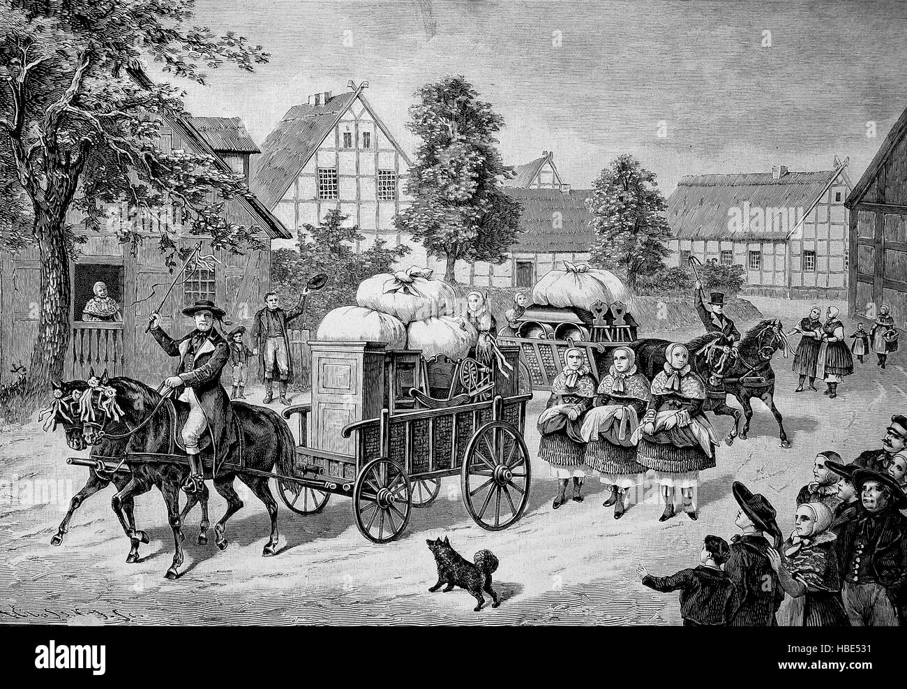 La sposa i letti sono azionati attraverso il villaggio da un carrello. La dogana nella Pomerania, secolo XIX, illustrazione, xilografia dal 1880 Foto Stock