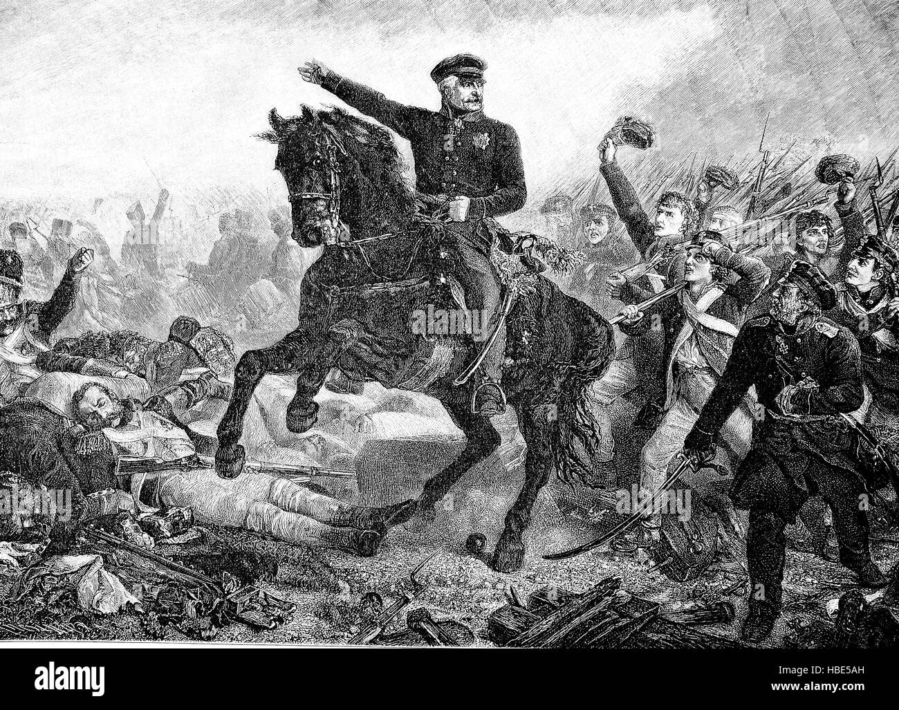 L arrivo di Bluecher al Belle-Alliance, la battaglia di Waterloo, illustrazione, xilografia dal 1880 Foto Stock