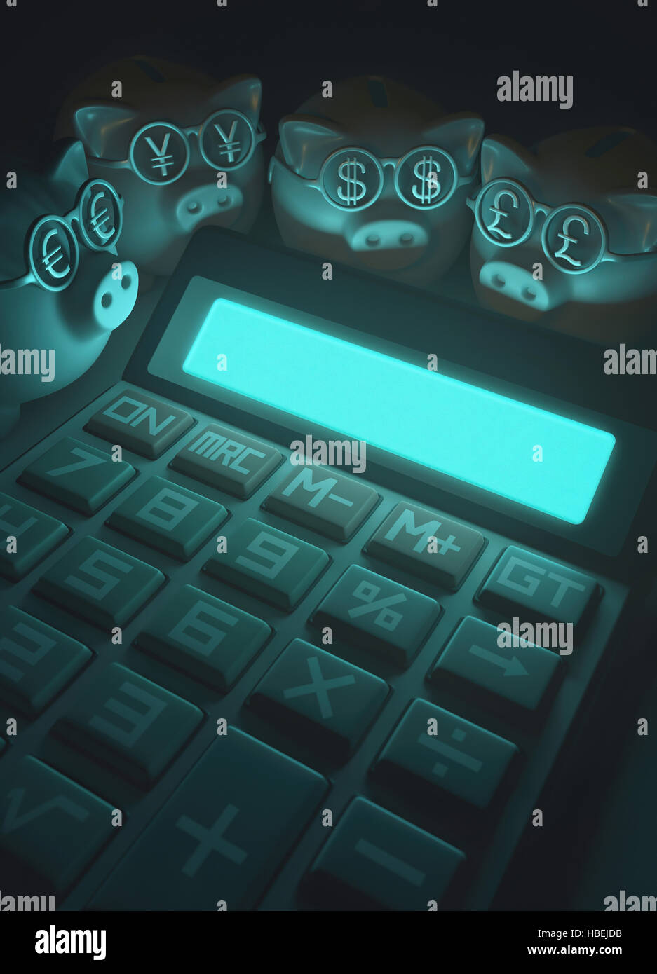 3D'illustrazione, concetto di finanza e affari. Salvadanaio con i bicchieri con il segno del denaro, euro, yen, dollaro e cancelletto. Foto Stock