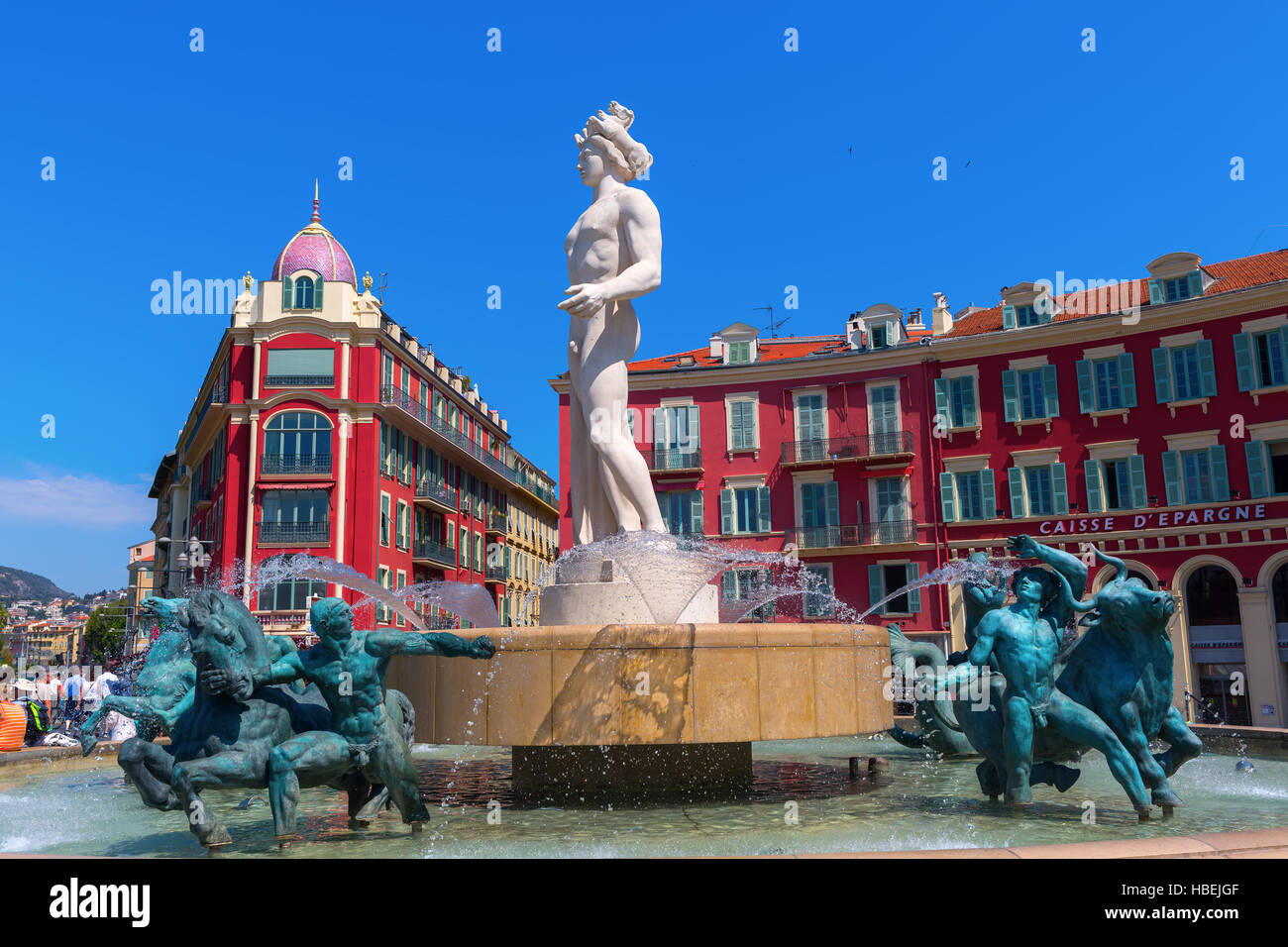 Fontana chiamato Fontaine du Soleil sulla Place Massena a Nizza, Francia Foto Stock