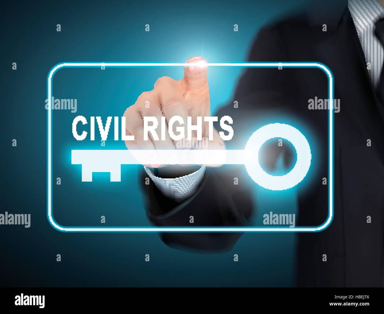 Maschio di pressatura a mano i diritti civili tasto blu su sfondo astratto Illustrazione Vettoriale