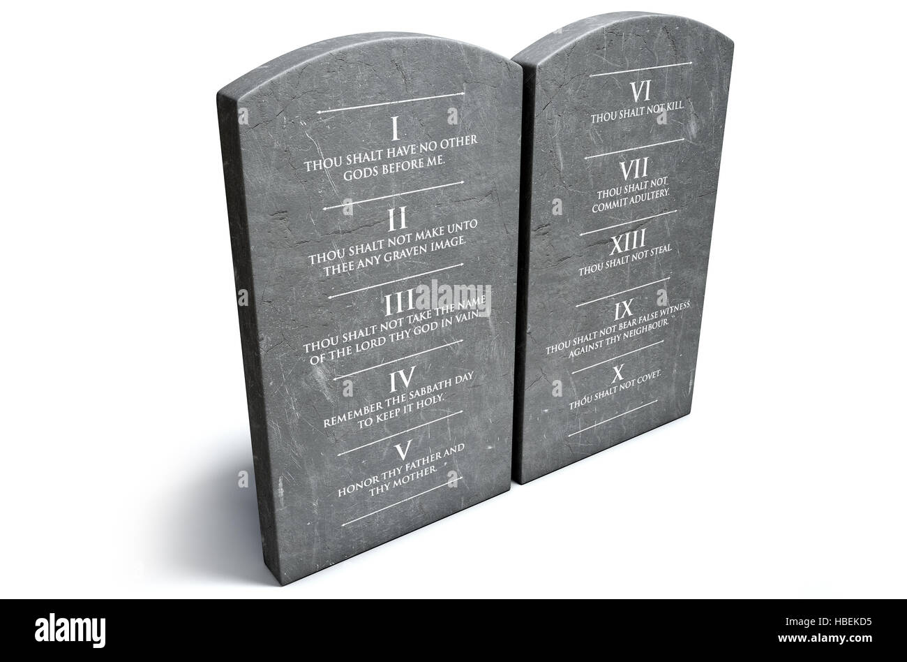 Un 3D rendering di due tavolette di pietra con i dieci comandamenti inciso sulla loro isolato su un fondo bianco Foto Stock