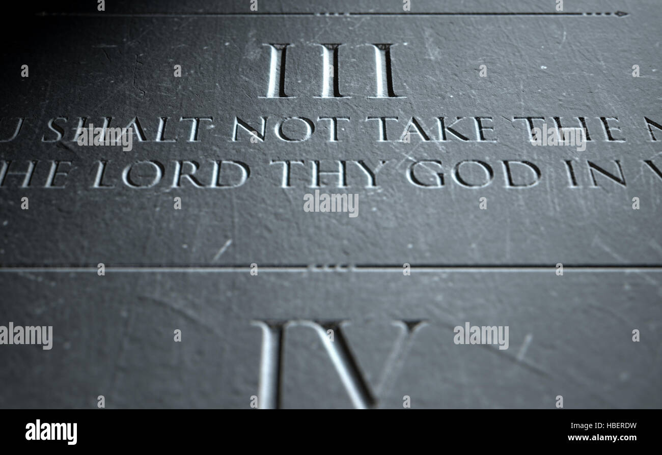Un 3D render di primo piano dei dieci comandamenti inciso in una tavoletta di pietra evidenziando la terza Foto Stock
