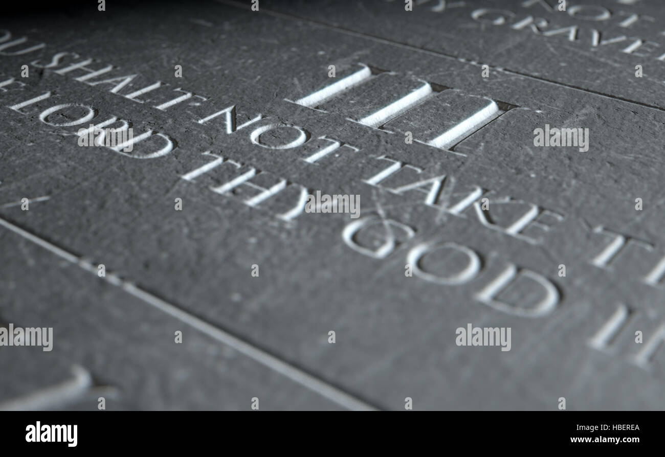 Un 3D render di primo piano dei dieci comandamenti inciso in una tavoletta di pietra evidenziando la terza Foto Stock