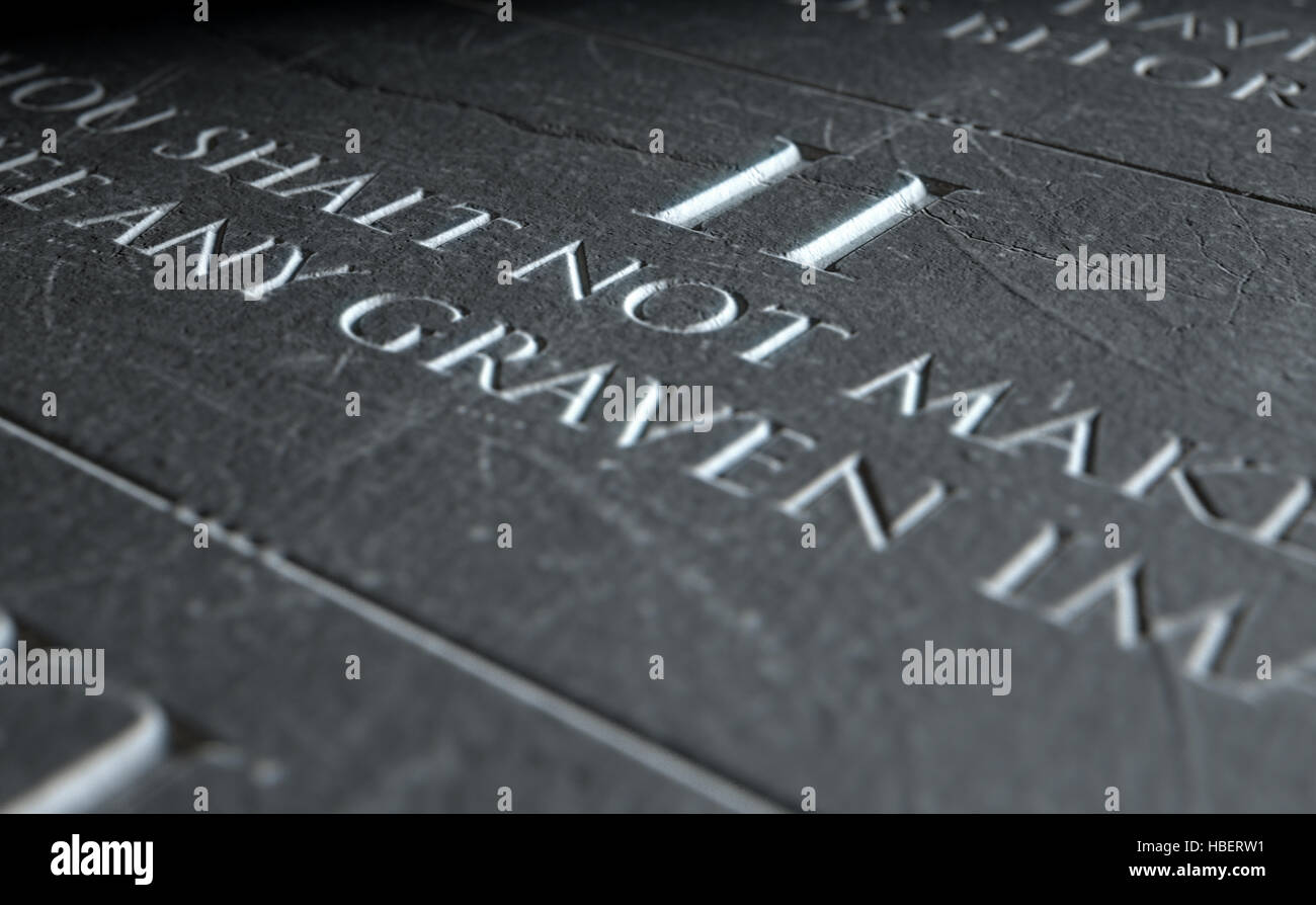 Un 3D render di primo piano dei dieci comandamenti inciso in una tavoletta di pietra evidenziando la seconda Foto Stock