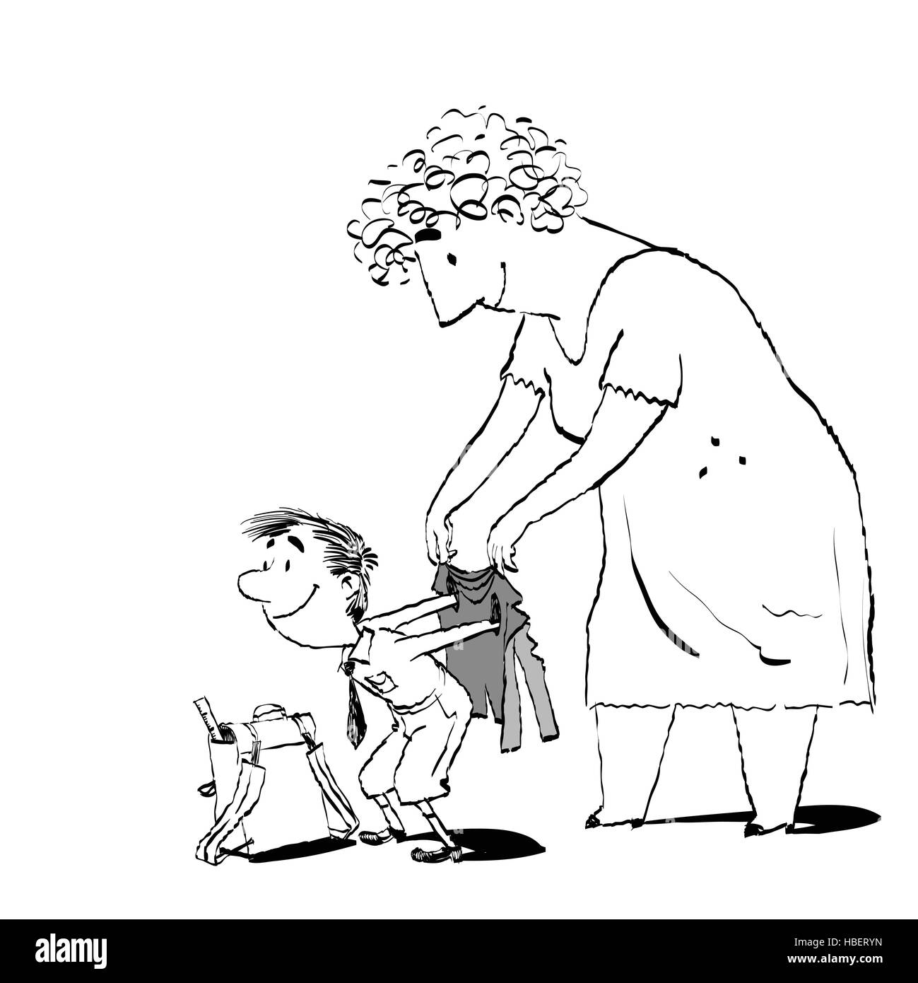 La nonna o la bambinaia accompagna il suo nipote a scuola Illustrazione Vettoriale