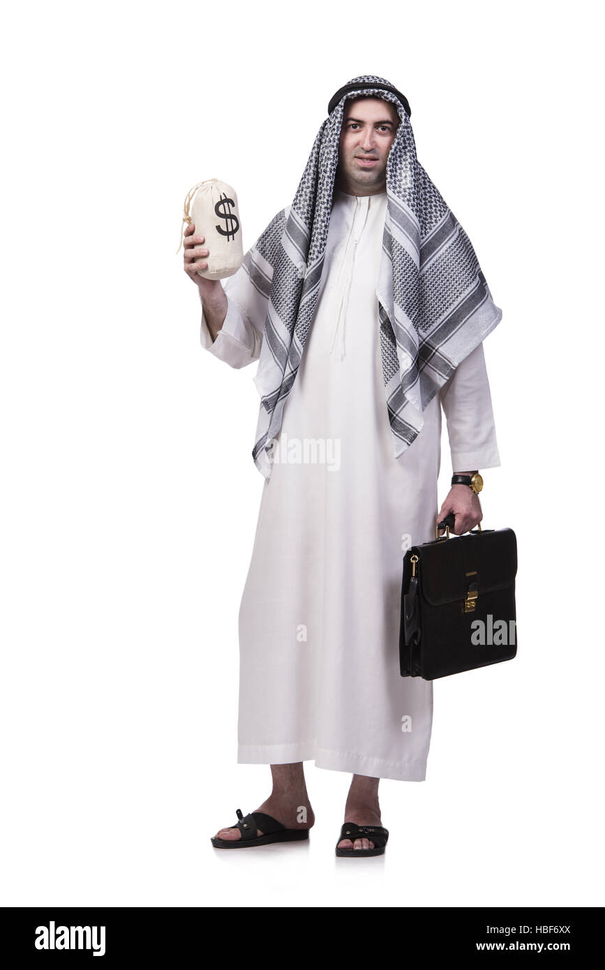 Uomo arabo con sacchi di denaro isolato su bianco Foto Stock