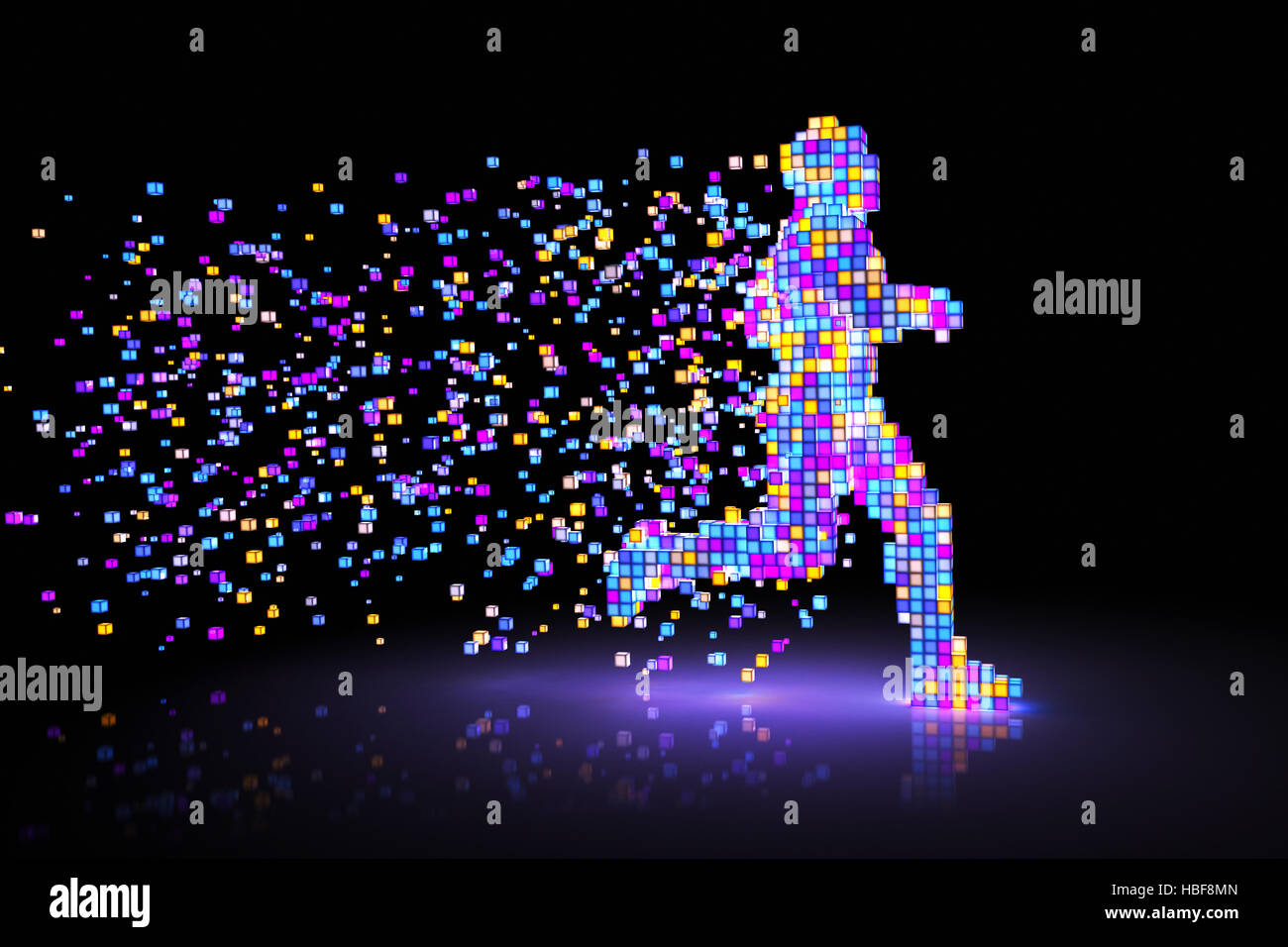 L'uomo figura costituita da pixel luminosi corre attraverso le tenebre Foto Stock