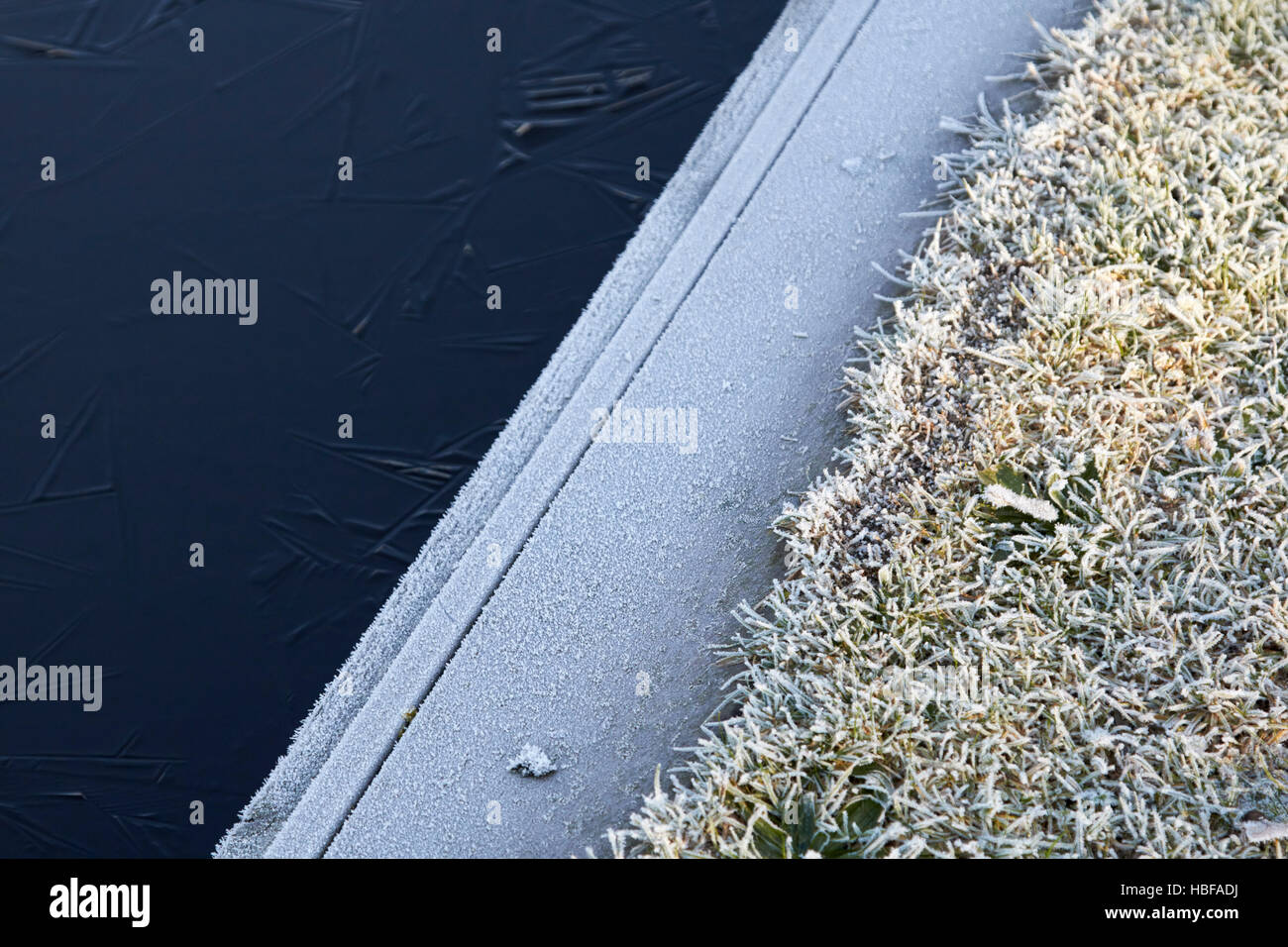 Bordo del laghetto congelato stagno su un freddo inverno mattina nel Regno Unito Foto Stock