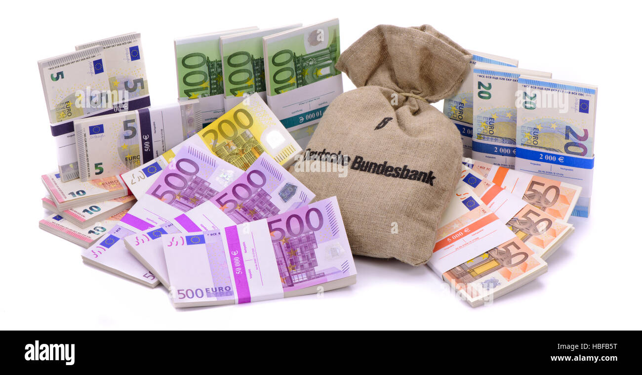 Le banconote in euro e il sacco della banca tedesca Foto Stock