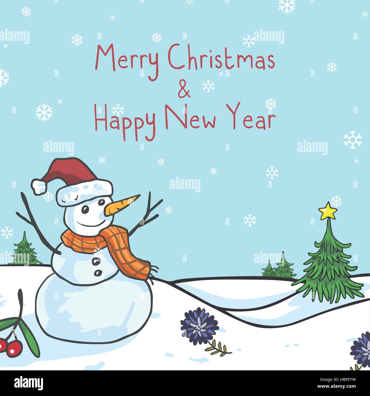 Pupazzo di neve Natale Greeting Card Cartoon carino illustrazione vettoriale Illustrazione Vettoriale