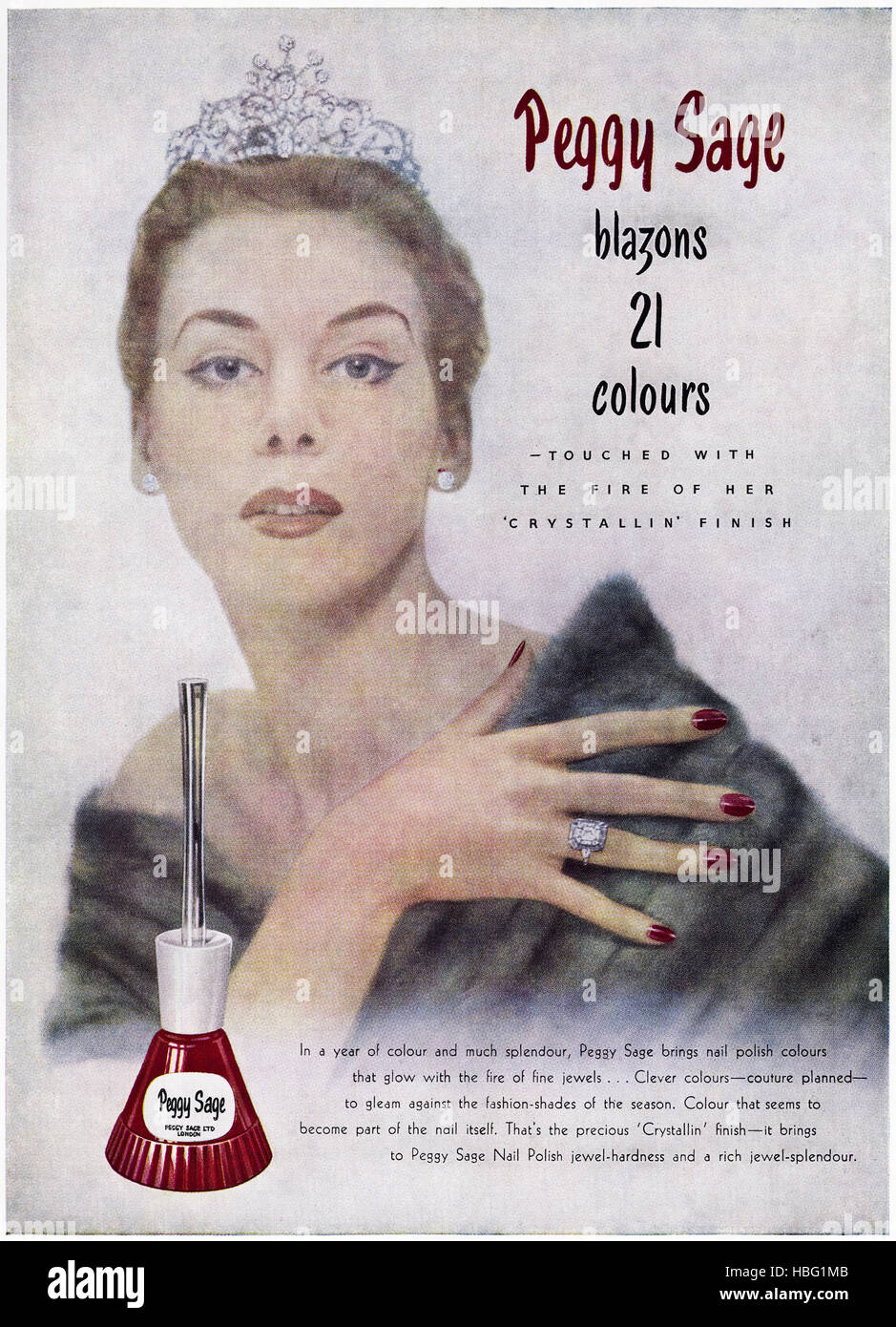 Anni Cinquanta pubblicità pubblicità dal vecchio originale vintage rivista inglese datato 1953 pubblicità per Peggy Sage smalto per unghie Foto Stock