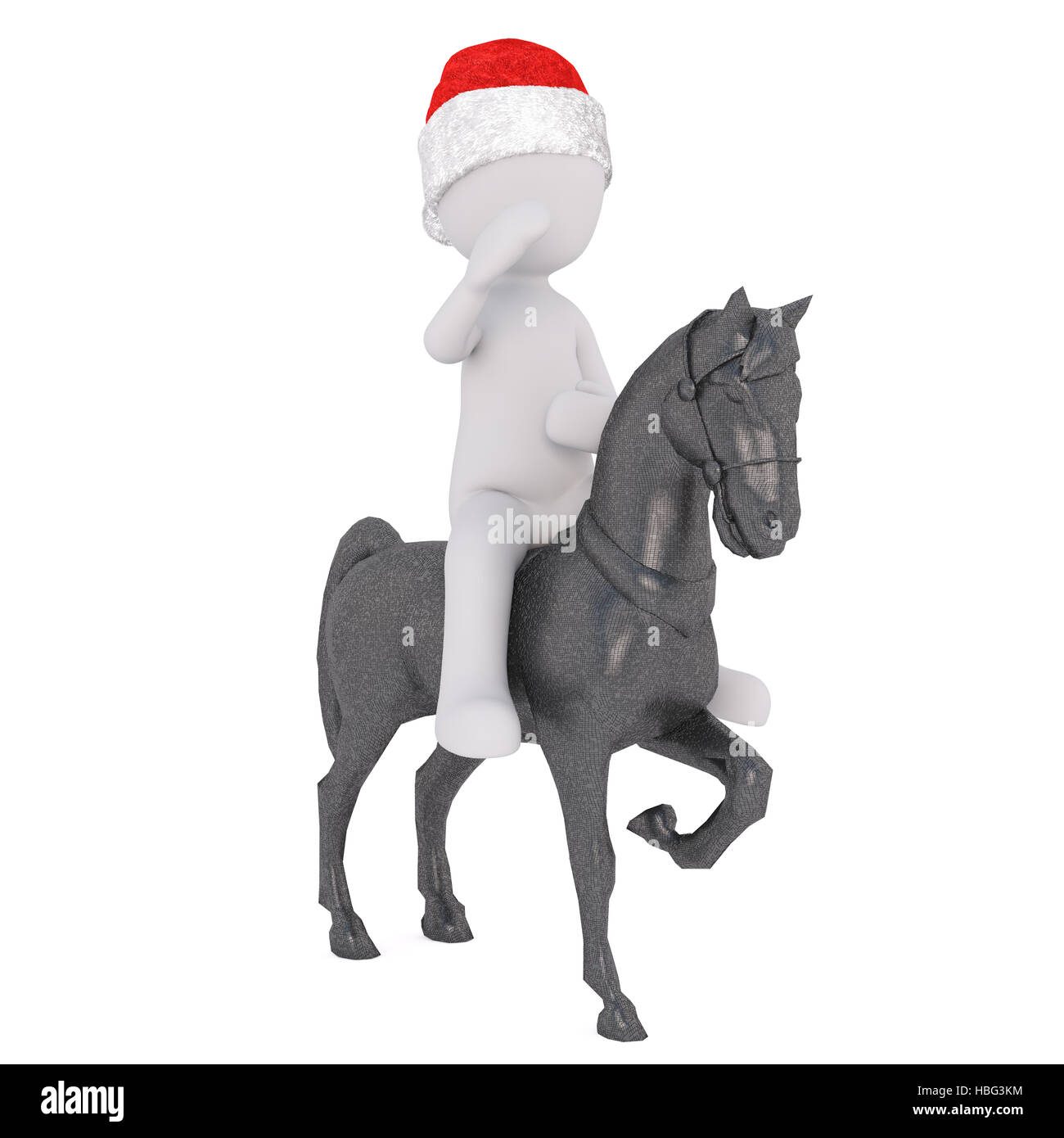 3d cavaliere o soldato in un cappello di Natale salutando come lui corre in un cavallino rampante, isolato reso illustrazione su bianco Foto Stock