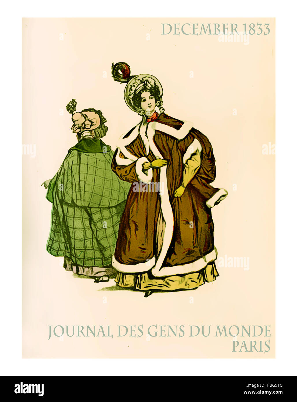 Parigi moda invernale all'aperto, vintage magazine 1833, donna con cappello e oversize cape cappotti Foto Stock