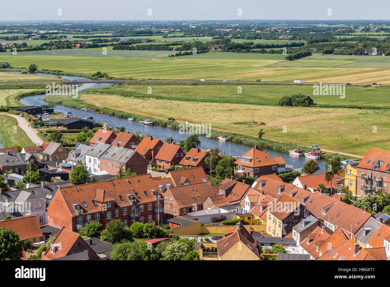 Vista dalla Torre della cattedrale, città e campagna, Ribe, Jutland, Danimarca Foto Stock