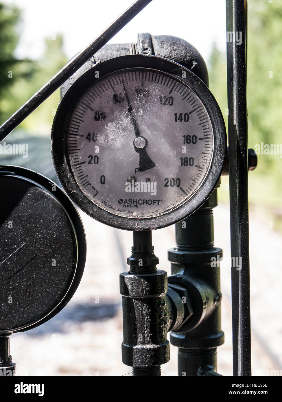 Indicatore pressione aria, Cumbres & Toltec Scenic Railroad tra Chama, Nuovo Messico e Antonito, Colorado. Foto Stock