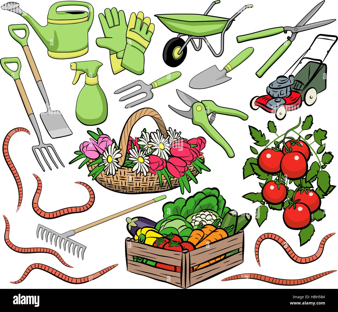Set di giardinaggio di vettore clip art inclusi strumenti, produrre e worm Illustrazione Vettoriale