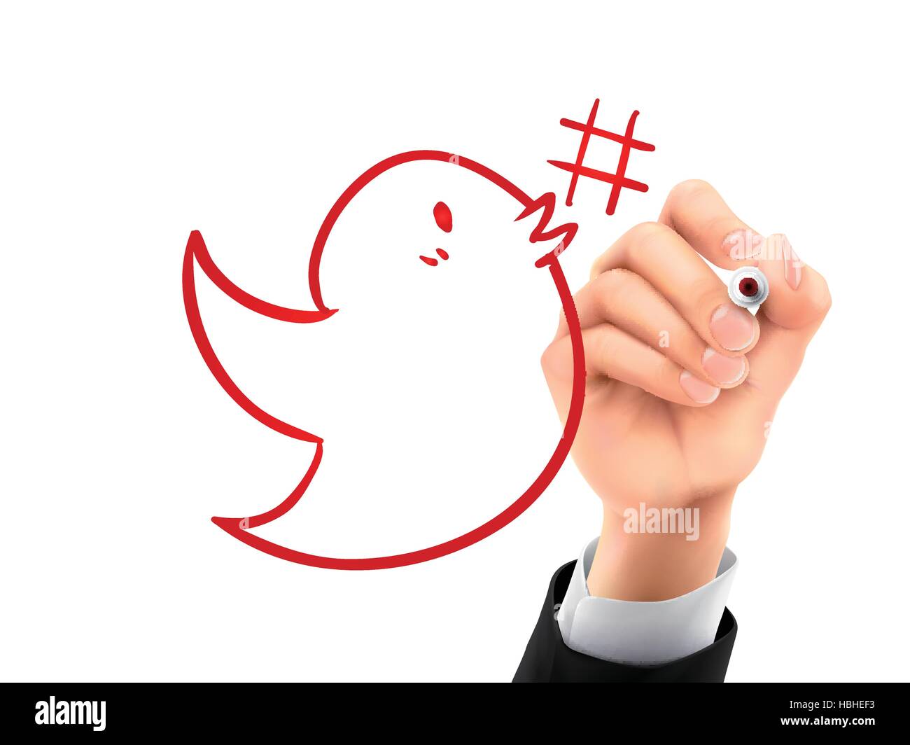 Bird con hashtag simbolo disegnato a mano su un pannello trasparente Illustrazione Vettoriale