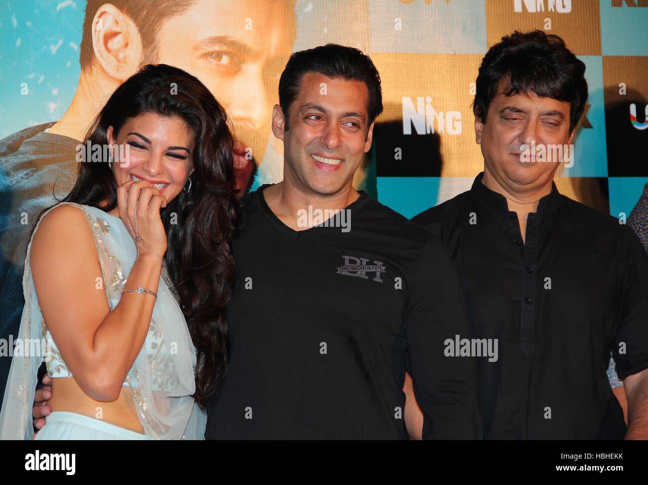 Attore di Bollywood Jacqueline Fernandes, Salman Khan e regista Sajid Nadiadwala durante il lancio del rimorchio di film di Kick Mumbai Foto Stock