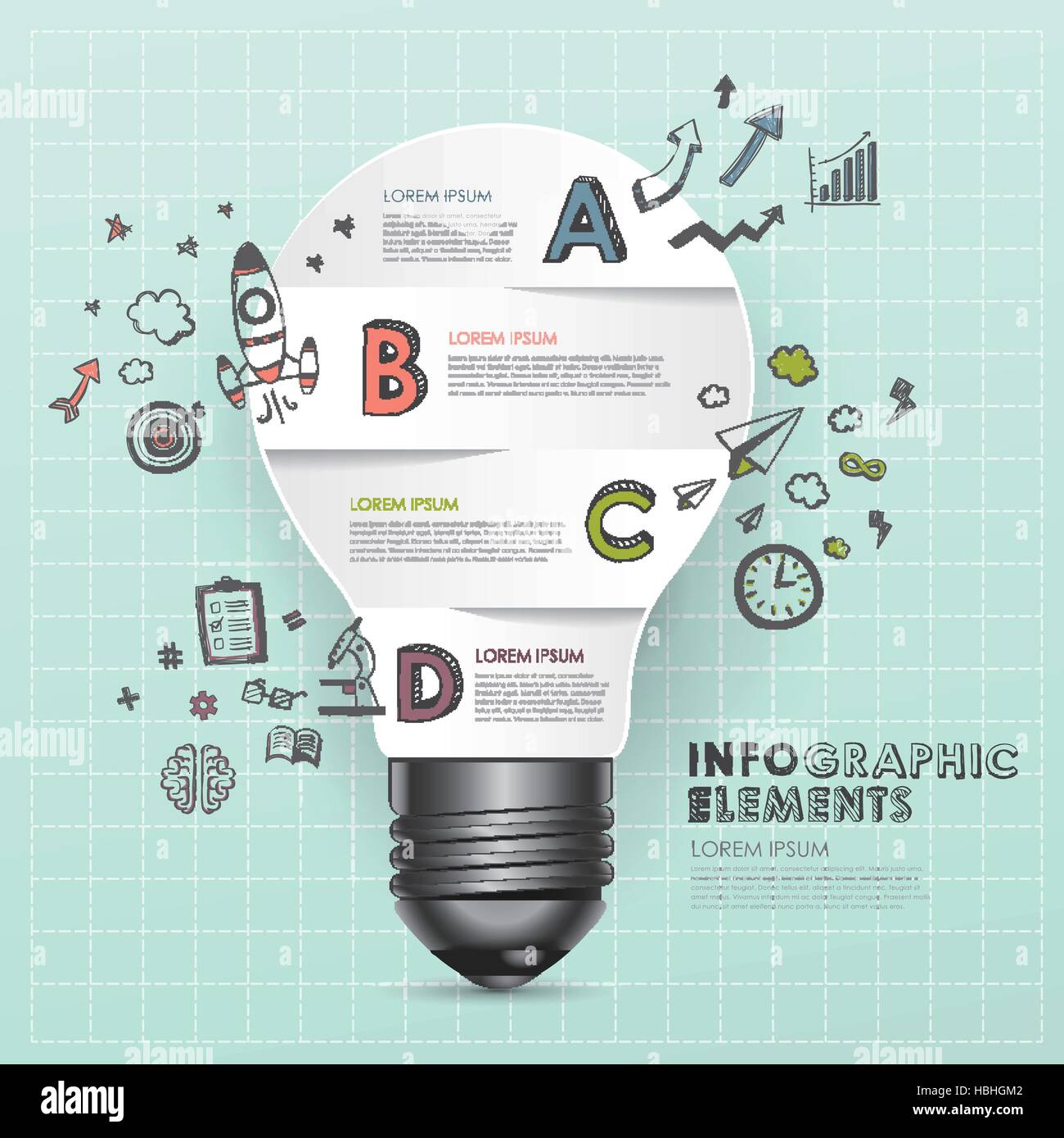 Vettore di luce creativi astratta della lampadina con doodle elementi infografico Illustrazione Vettoriale