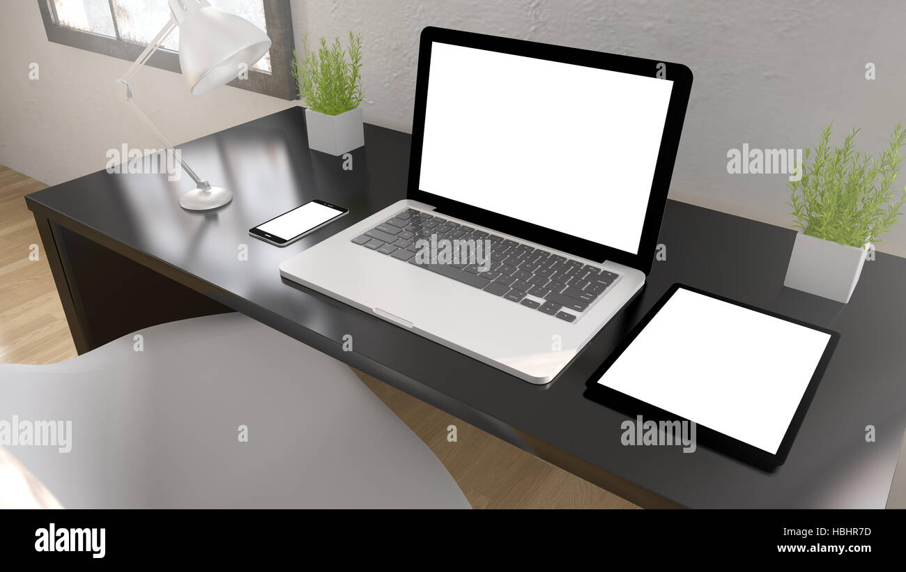 Desktop nero con tablet pc laptop, smartphone e mostra lo schermo bianco. Il rendering 3d. Foto Stock