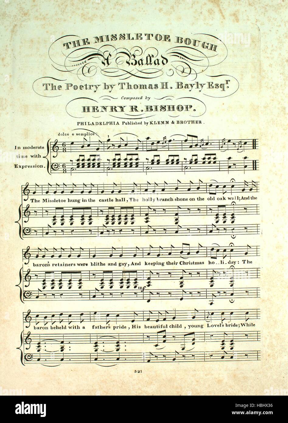 Foglio di musica immagine copertina della canzone "Missletoe [sic] Fronda  una ballata', con paternitã originale lettura delle note "la poesia di  Thomas H Bayly, Esqr composta da Henry R Vescovo', Stati Uniti,